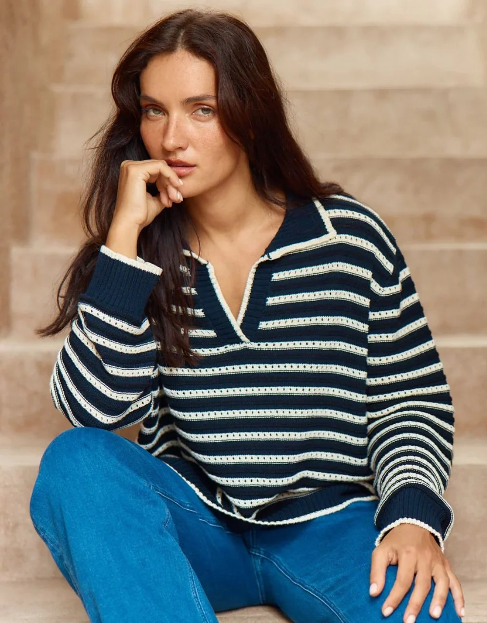 Aberdeen Polo Knit Sweat - Navy Stripe