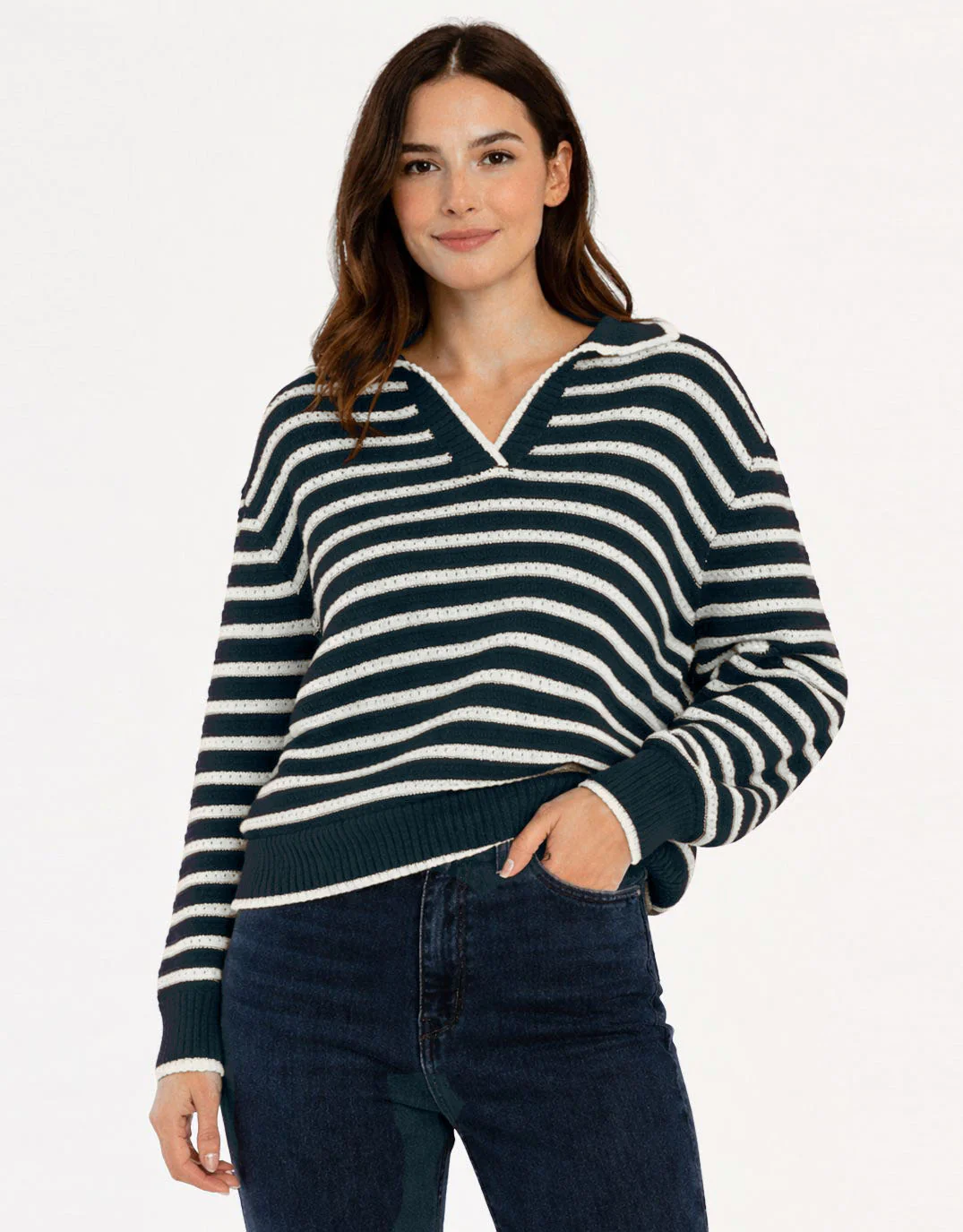 Aberdeen Polo Knit Sweat - Navy Stripe - Image 2