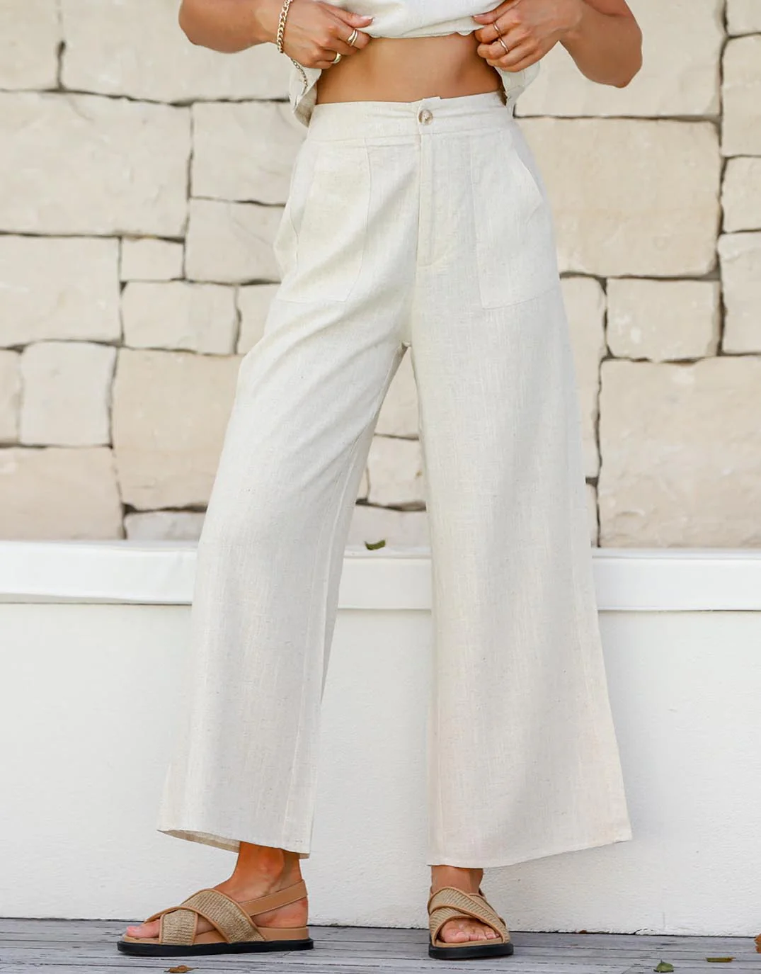 Anika Wide Leg Linen Pant - Natural - Image 3