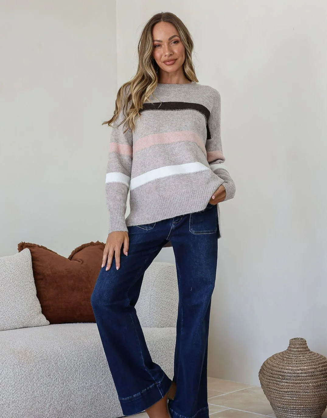 Aspen Stripe Knit - Warm Beige/Choco/Blush - Image 3
