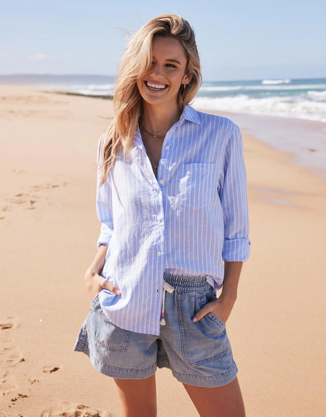 Ava Beach Shirt - Blue/White Stripe