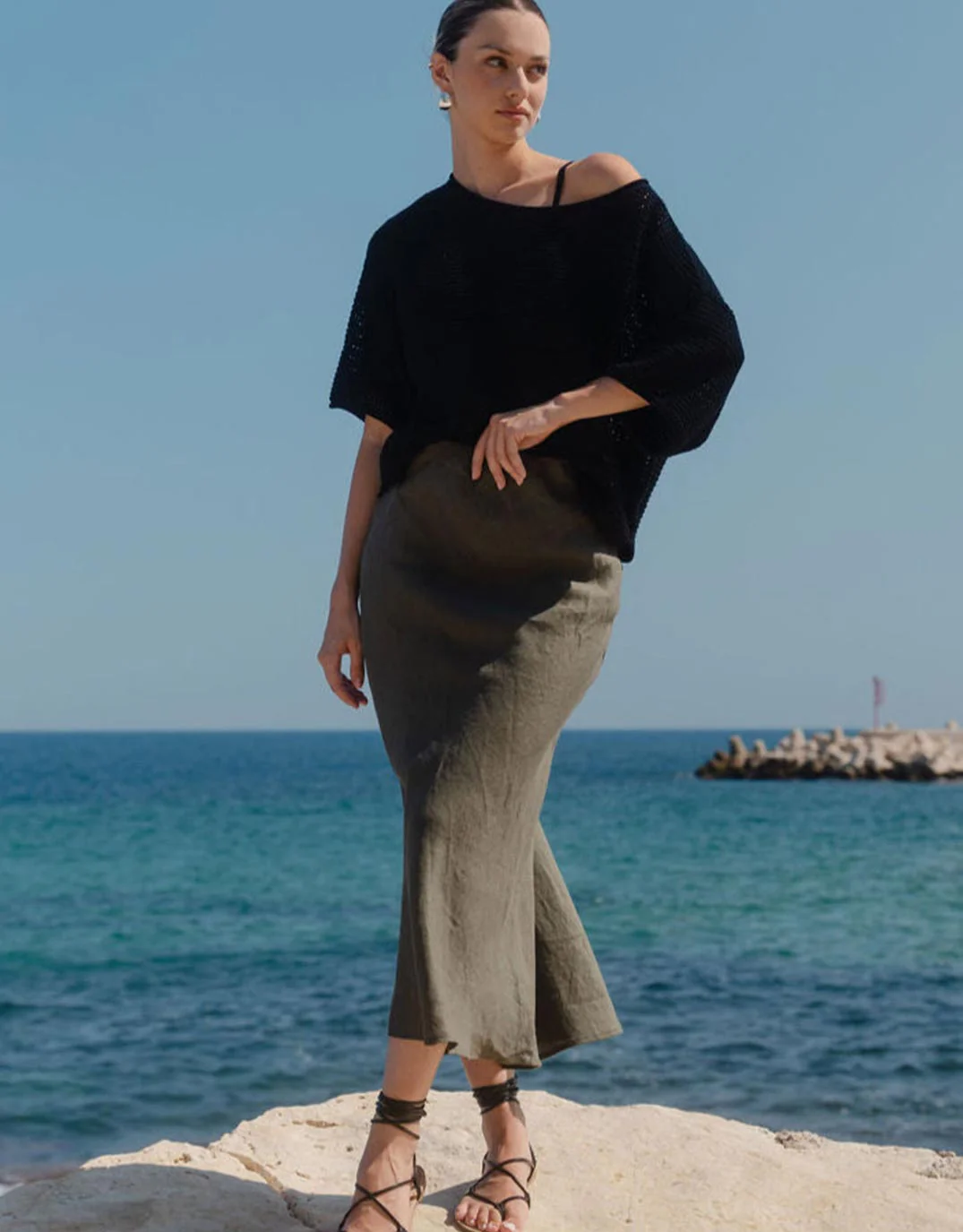 Bliss Linen Bias Midi Skirt - Khaki - Image 2