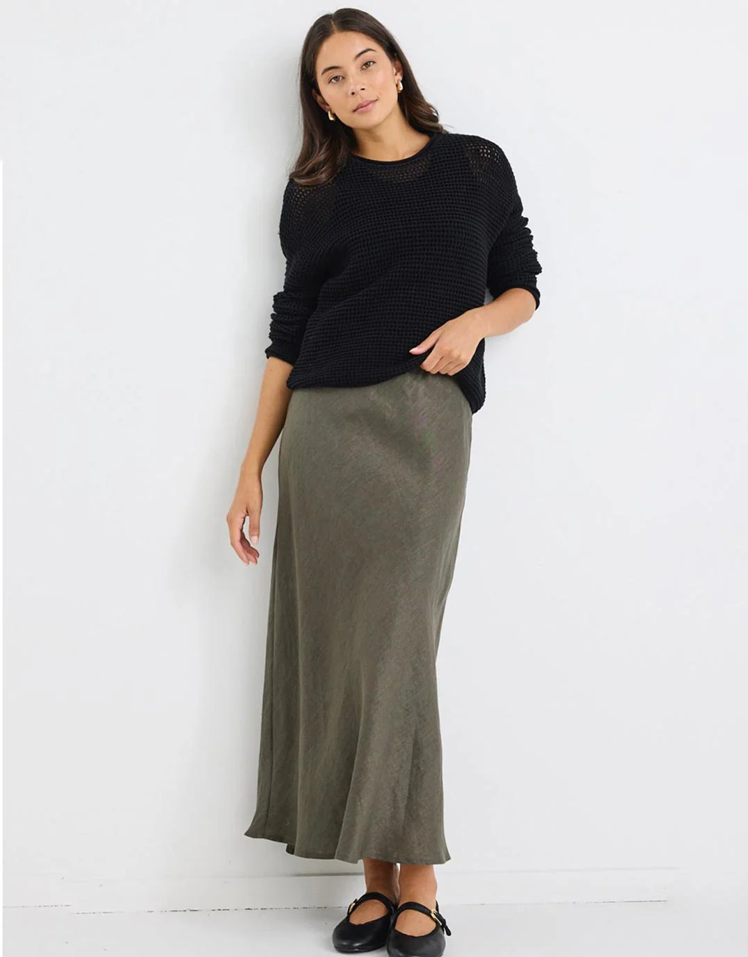 Bliss Linen Bias Midi Skirt - Khaki - Image 5