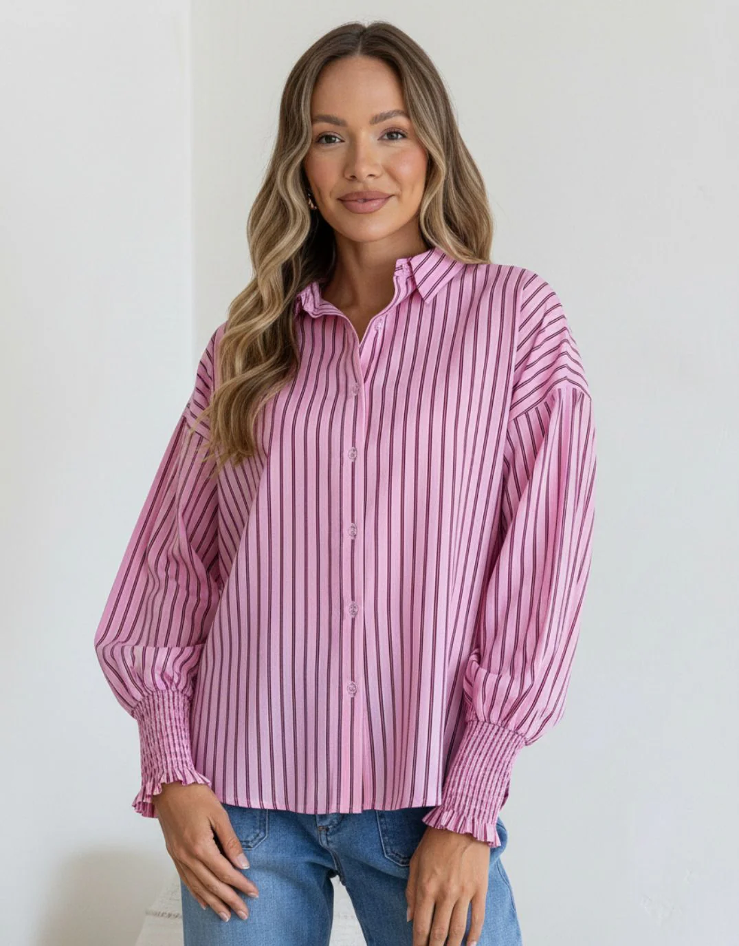 Bria Stripe Shirred Cuff Shirt - Pink/Wine - Image 3