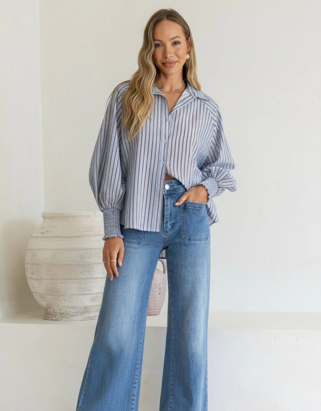 Bria Stripe Shirred Cuff Shirt - Powder Blue/Chocolate - Image 3