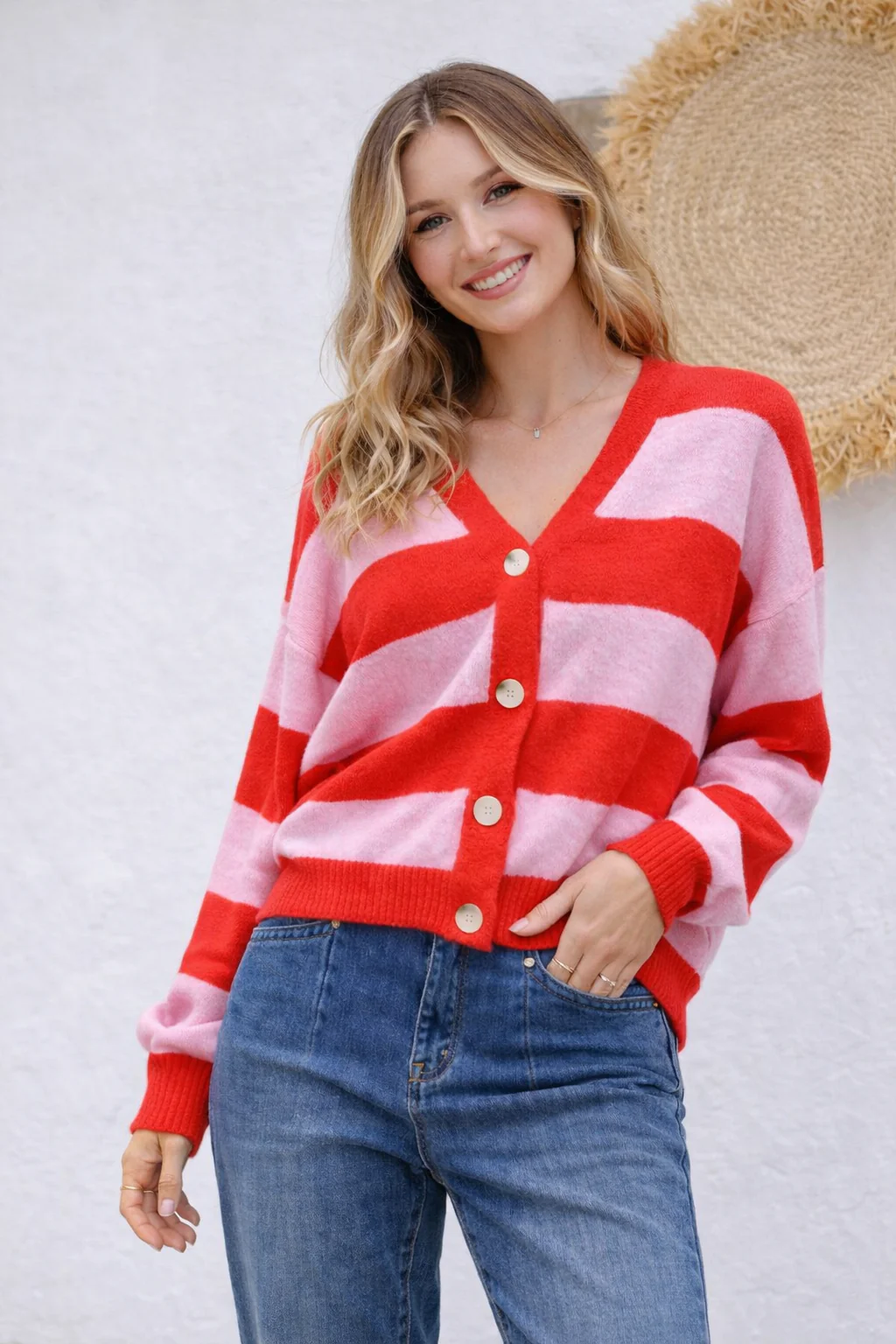 Briar Block Stripe Cardi - Red/Pink