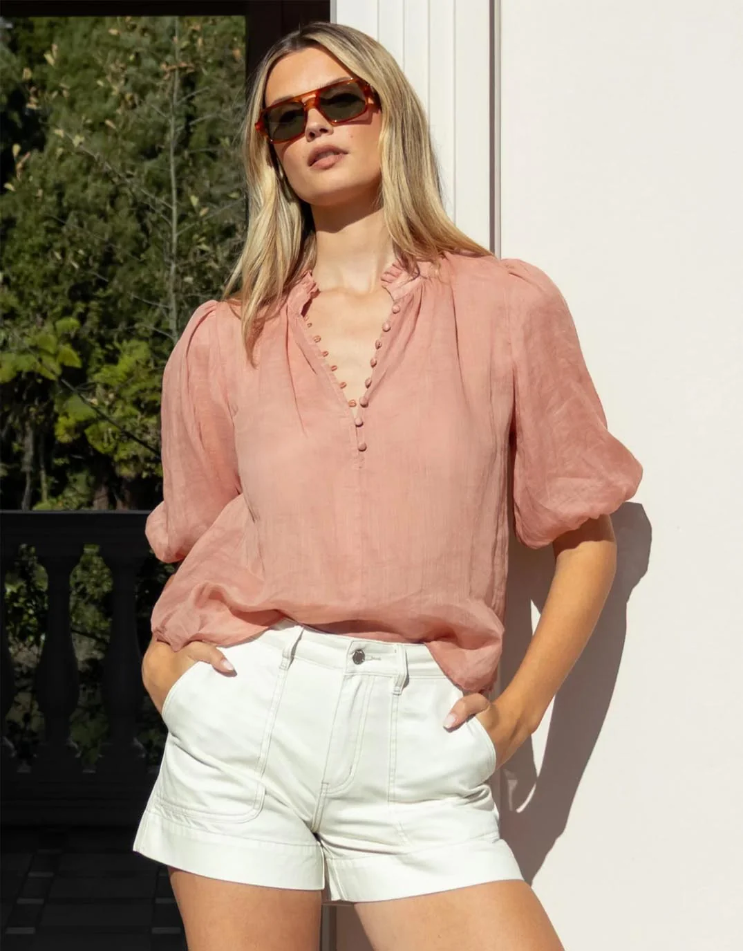 Closure High Neck Buttoned Top - Blush - Image 2