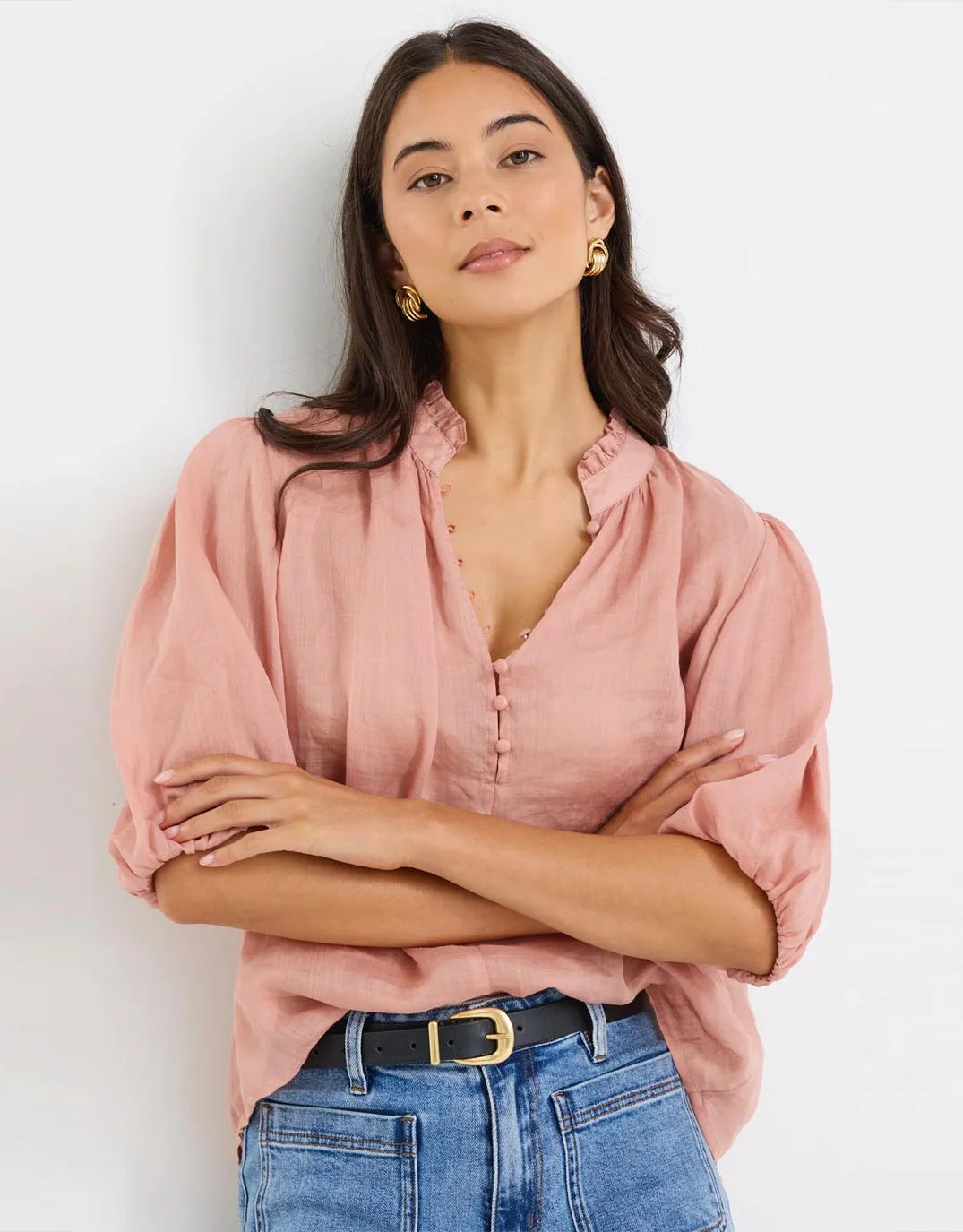 Closure High Neck Buttoned Top - Blush - Image 4