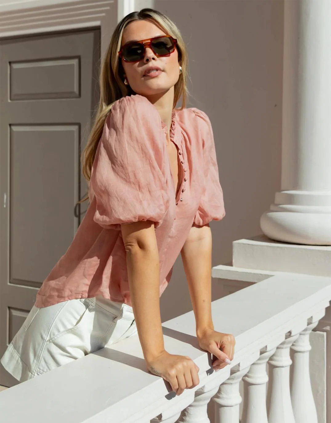 Closure High Neck Buttoned Top - Blush - Image 7