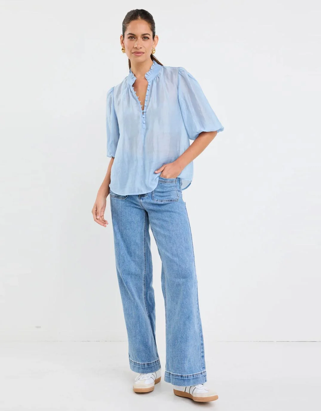 Closure Sheer High Neck Buttoned Top - Pale Blue - Image 5
