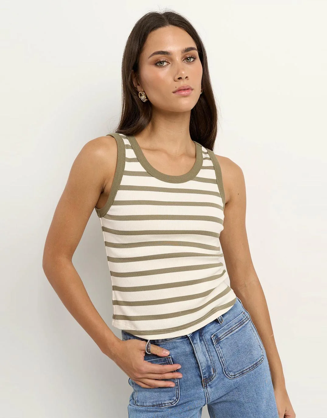 Cobble Rib Cutaway Tank - Khaki/Ivory Stripe - Image 4