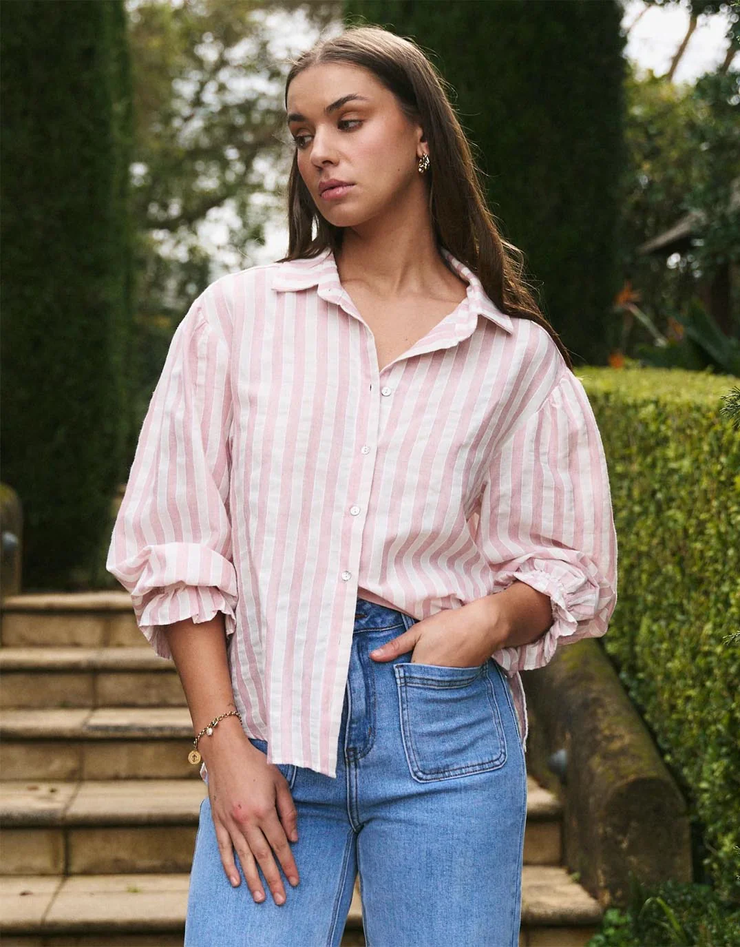 Connection Button Front Blouse - Pink Stripe