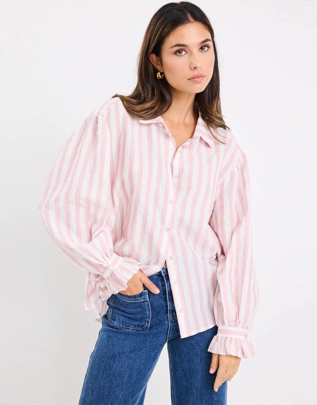 Connection Button Front Blouse - Pink Stripe - Image 2