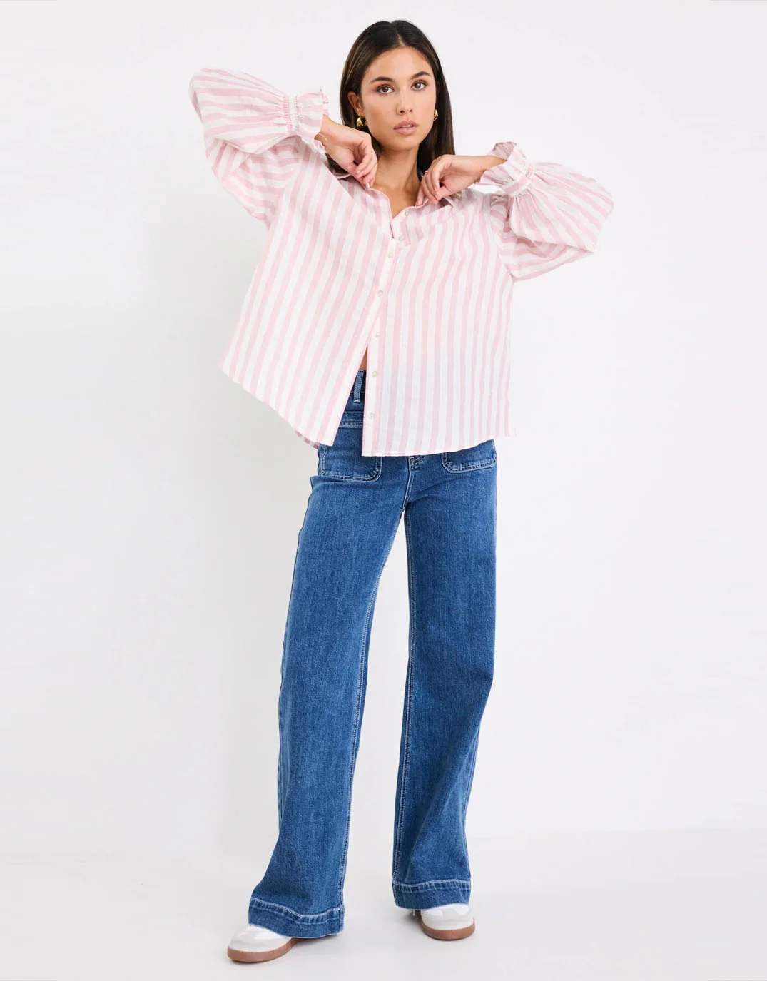 Connection Button Front Blouse - Pink Stripe - Image 4