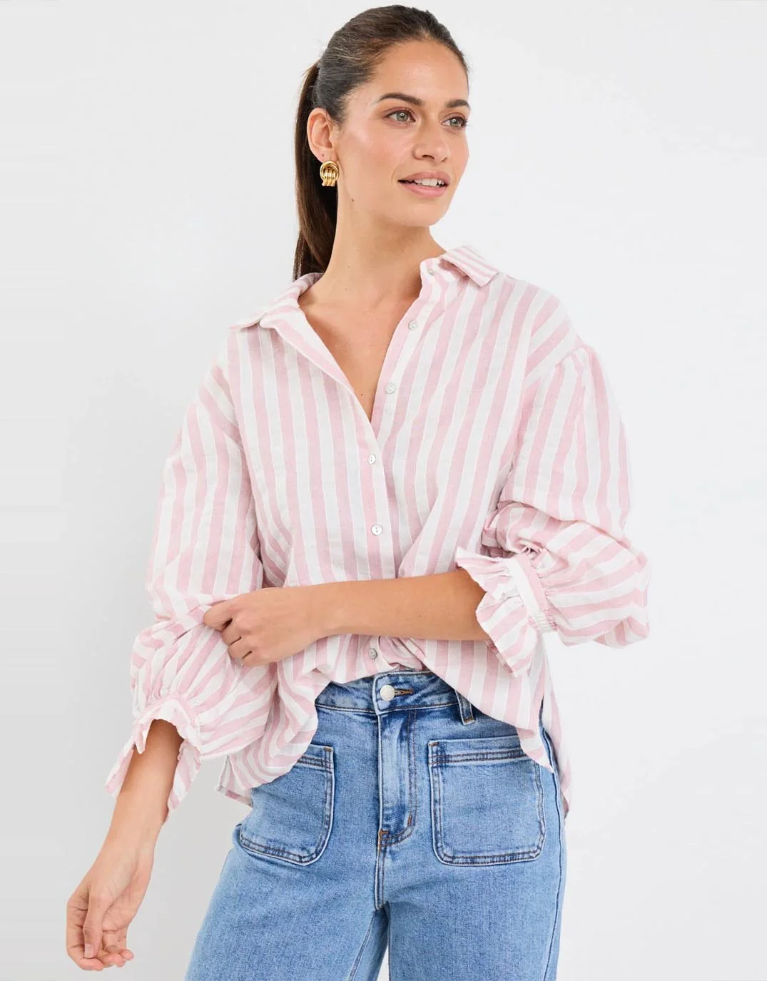 Connection Button Front Blouse - Pink Stripe - Image 5