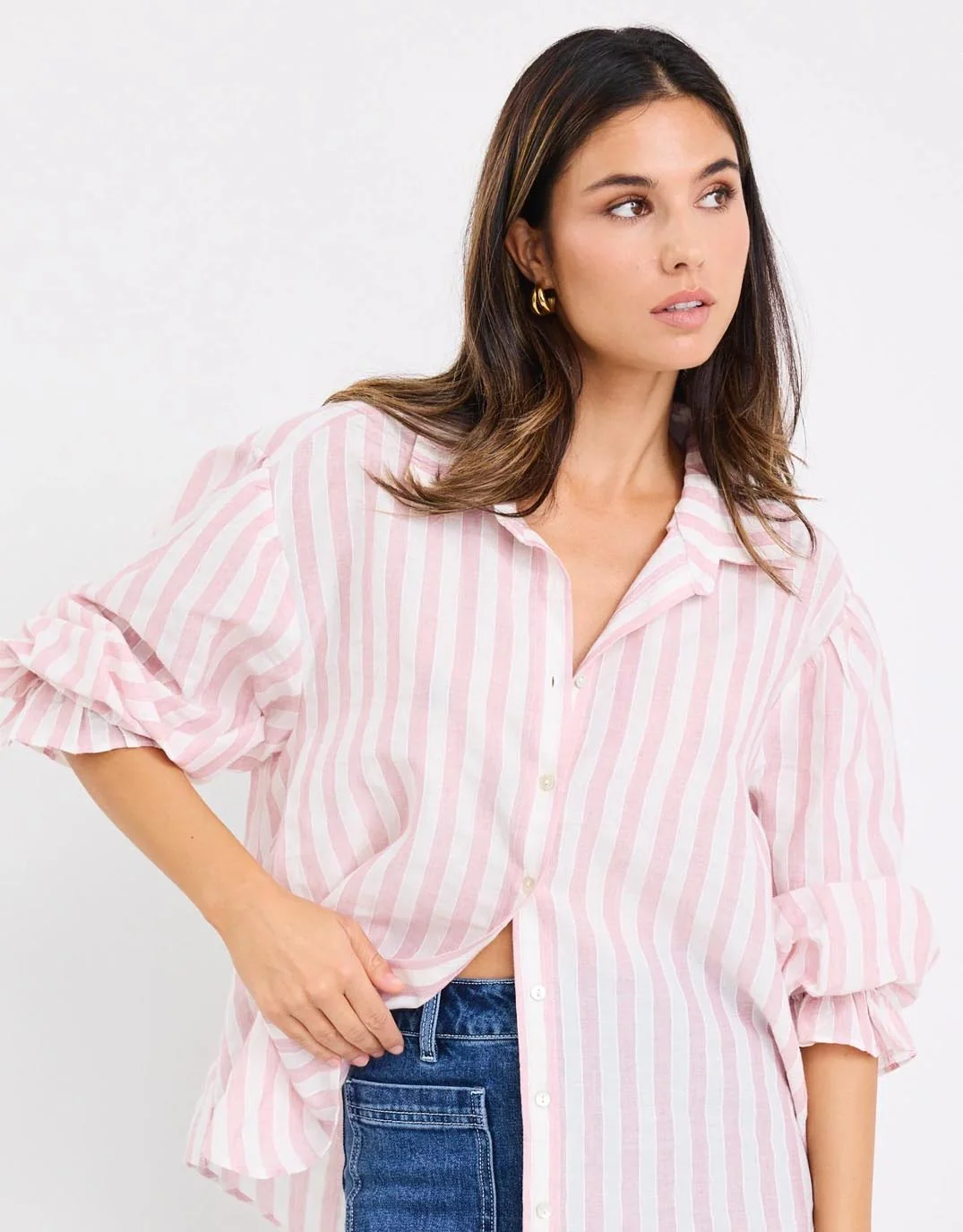 Connection Button Front Blouse - Pink Stripe - Image 7