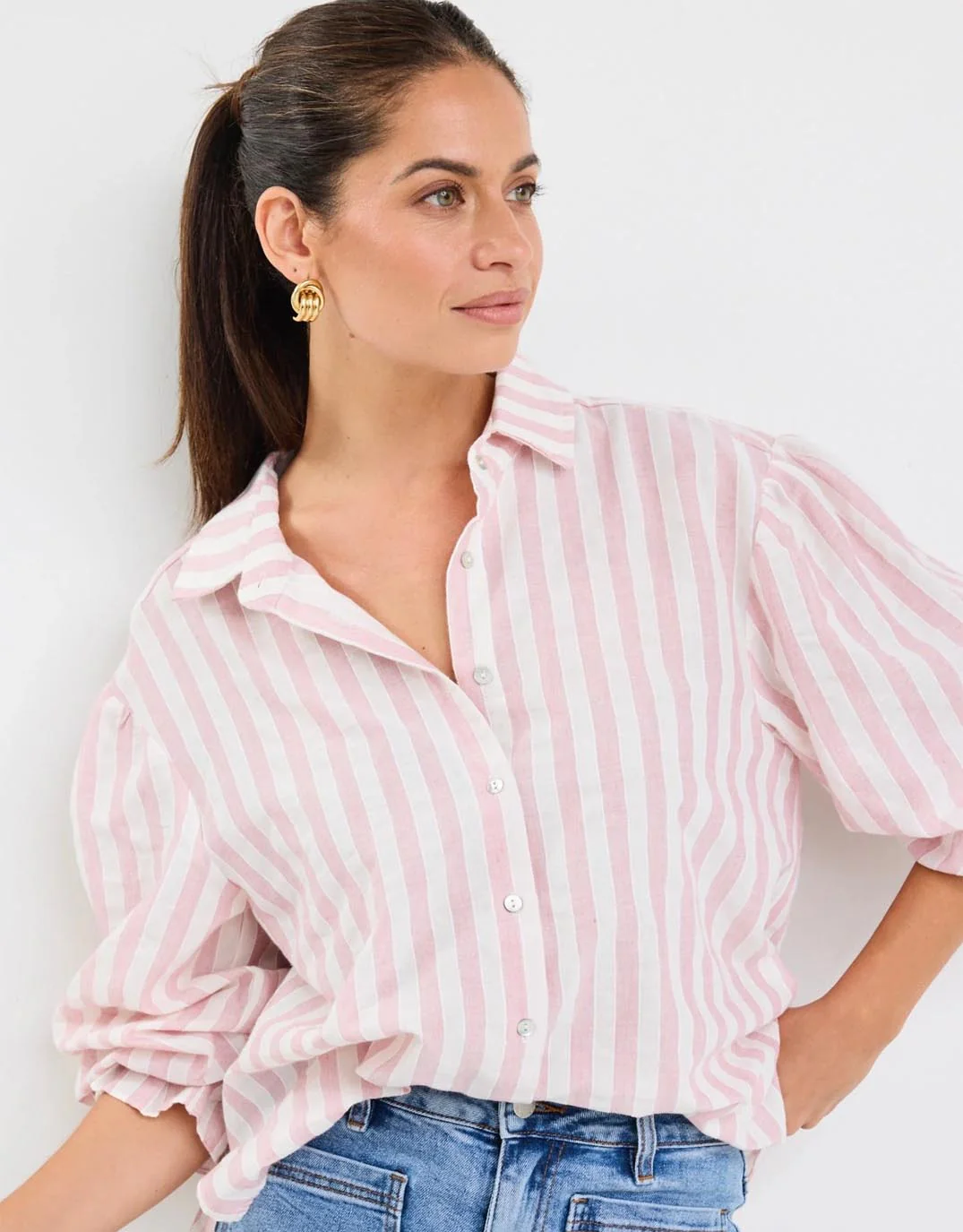 Connection Button Front Blouse - Pink Stripe - Image 8