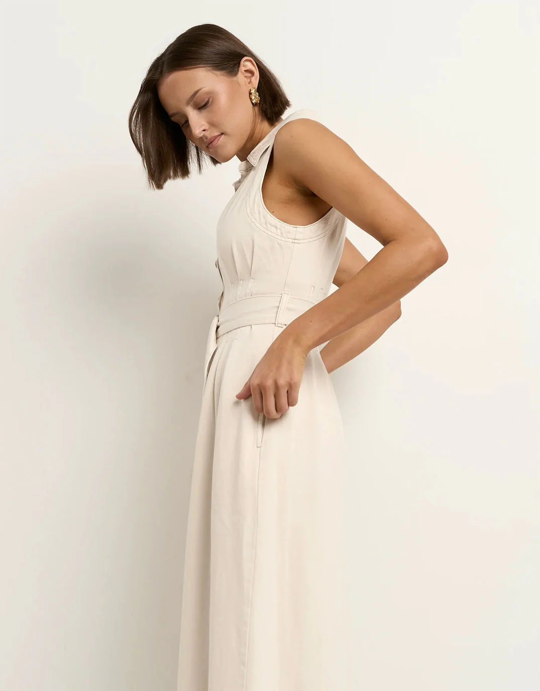 Crescent Denim Sleeveless Midi Shirt Dress - Ecru - Image 5