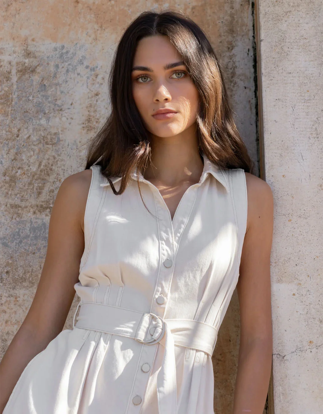 Crescent Denim Sleeveless Midi Shirt Dress - Ecru - Image 7