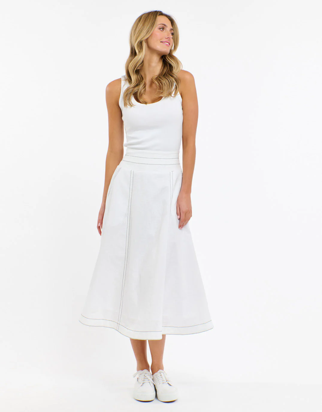 Dakota Linen Skirt - White with Choc Stitch - Image 3