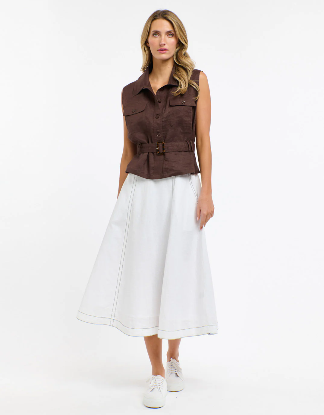 Dakota Linen Skirt - White with Choc Stitch - Image 4