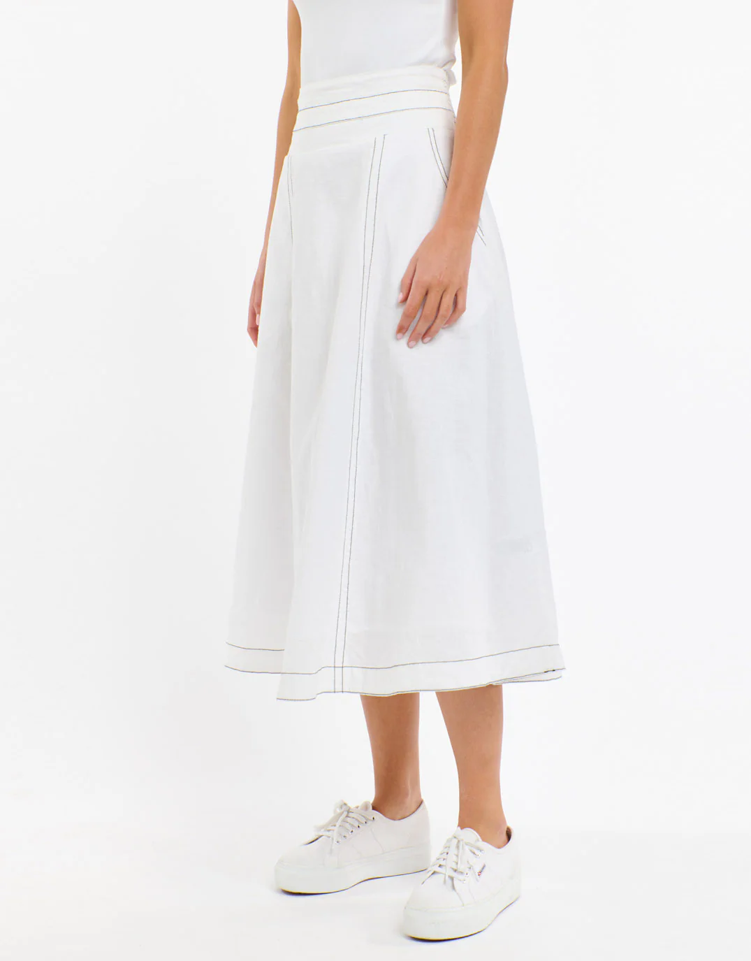 Dakota Linen Skirt - White with Choc Stitch - Image 5