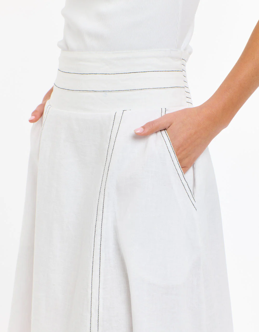 Dakota Linen Skirt - White with Choc Stitch - Image 6