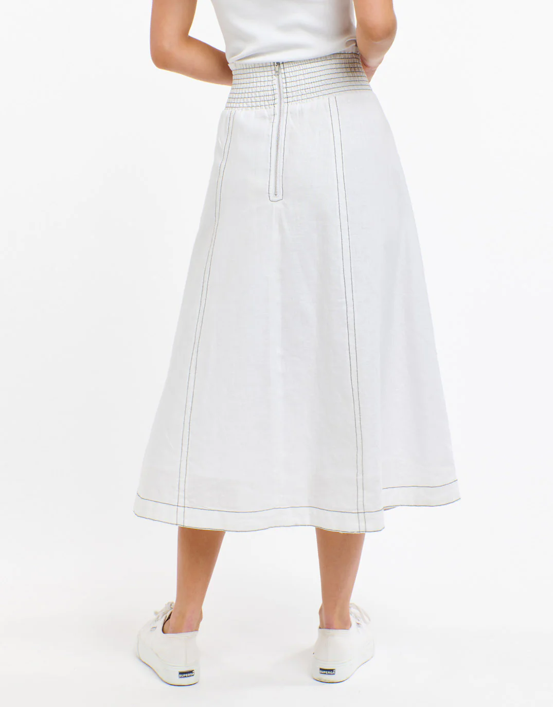Dakota Linen Skirt - White with Choc Stitch - Image 8