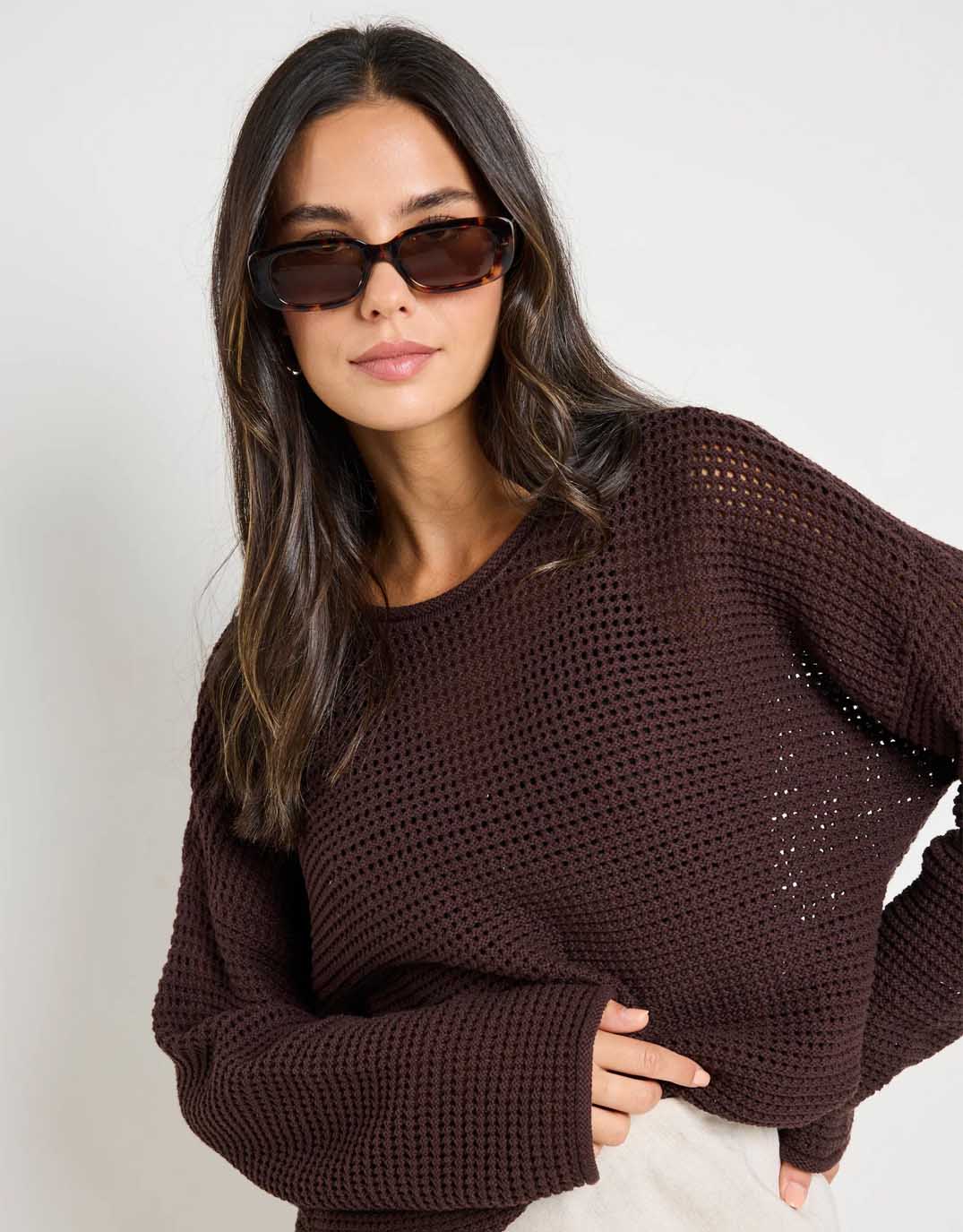 Dawn Crochet Knit Jumper - Chocolate - Image 5