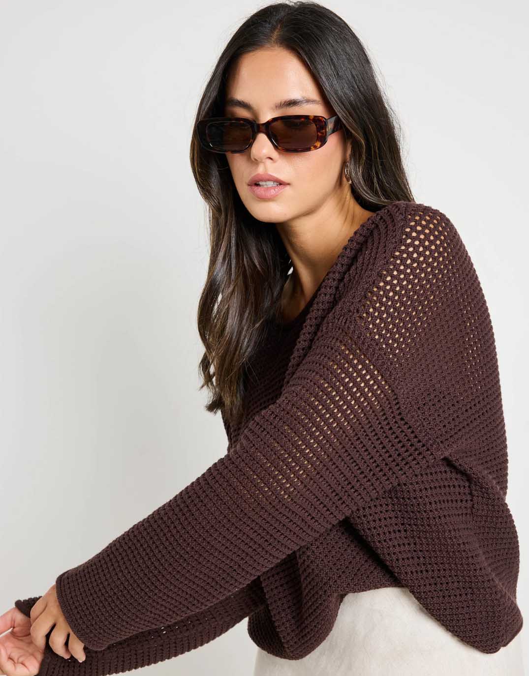 Dawn Crochet Knit Jumper - Chocolate - Image 6