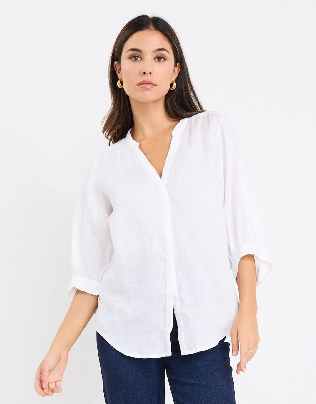 Deity Linen Button Through Puff Sleeve - White
