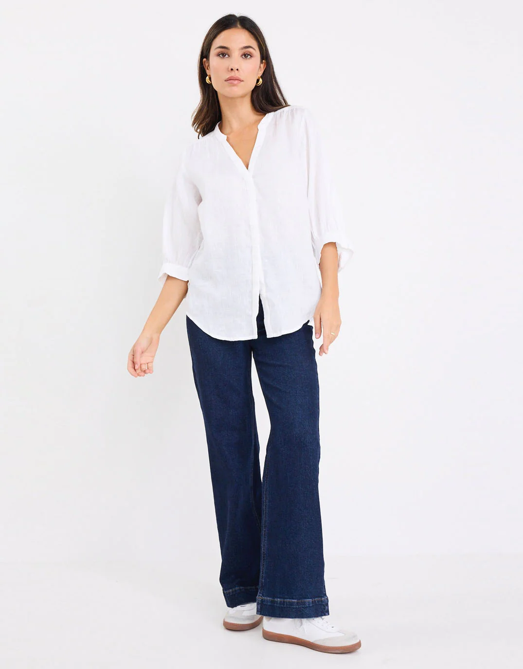 Deity Linen Button Through Puff Sleeve - White - Image 2