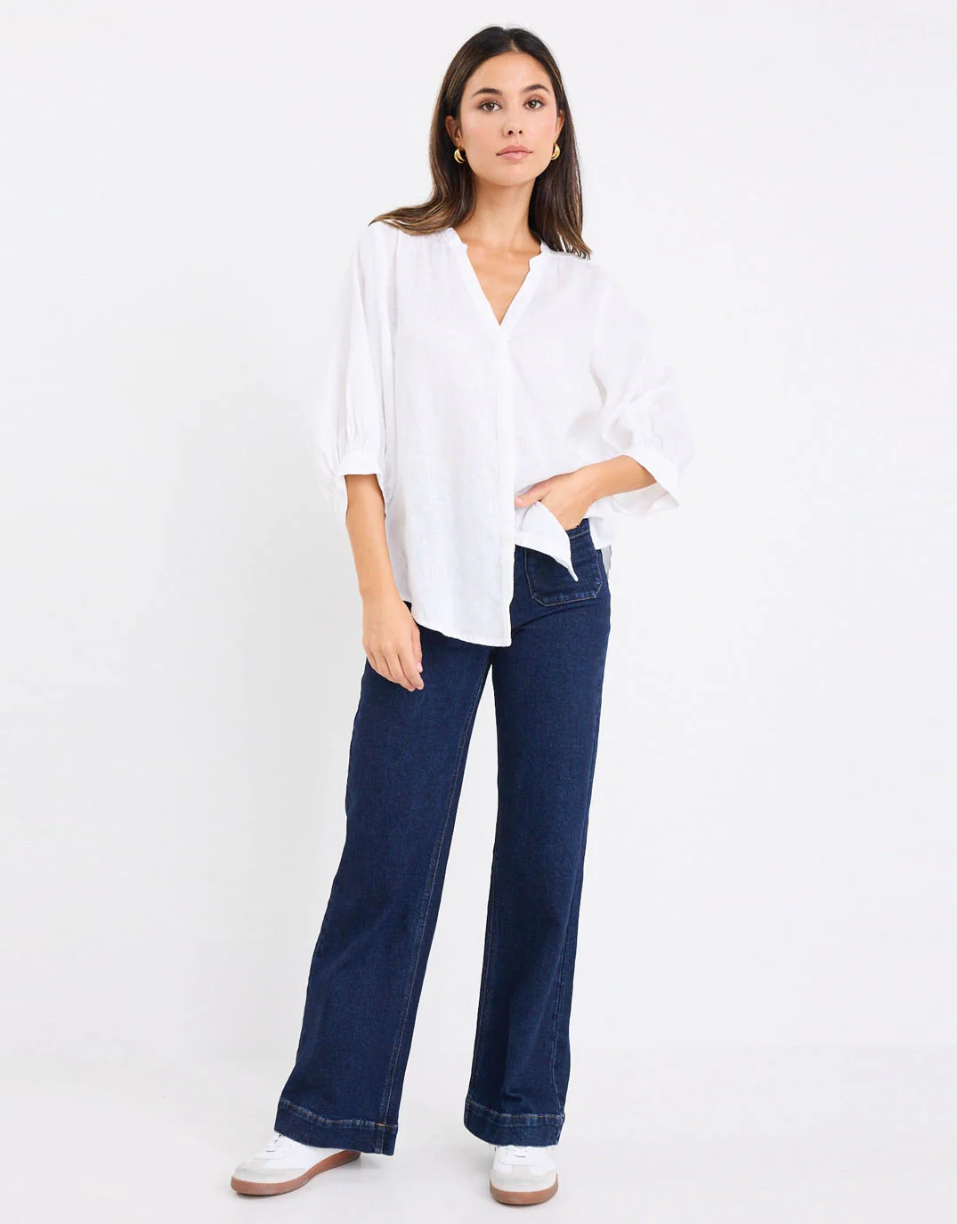 Deity Linen Button Through Puff Sleeve - White - Image 3