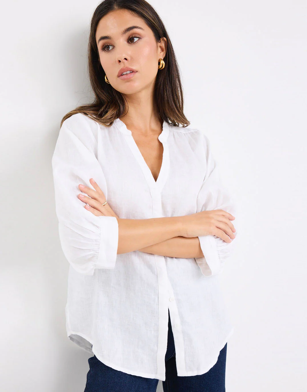 Deity Linen Button Through Puff Sleeve - White - Image 4