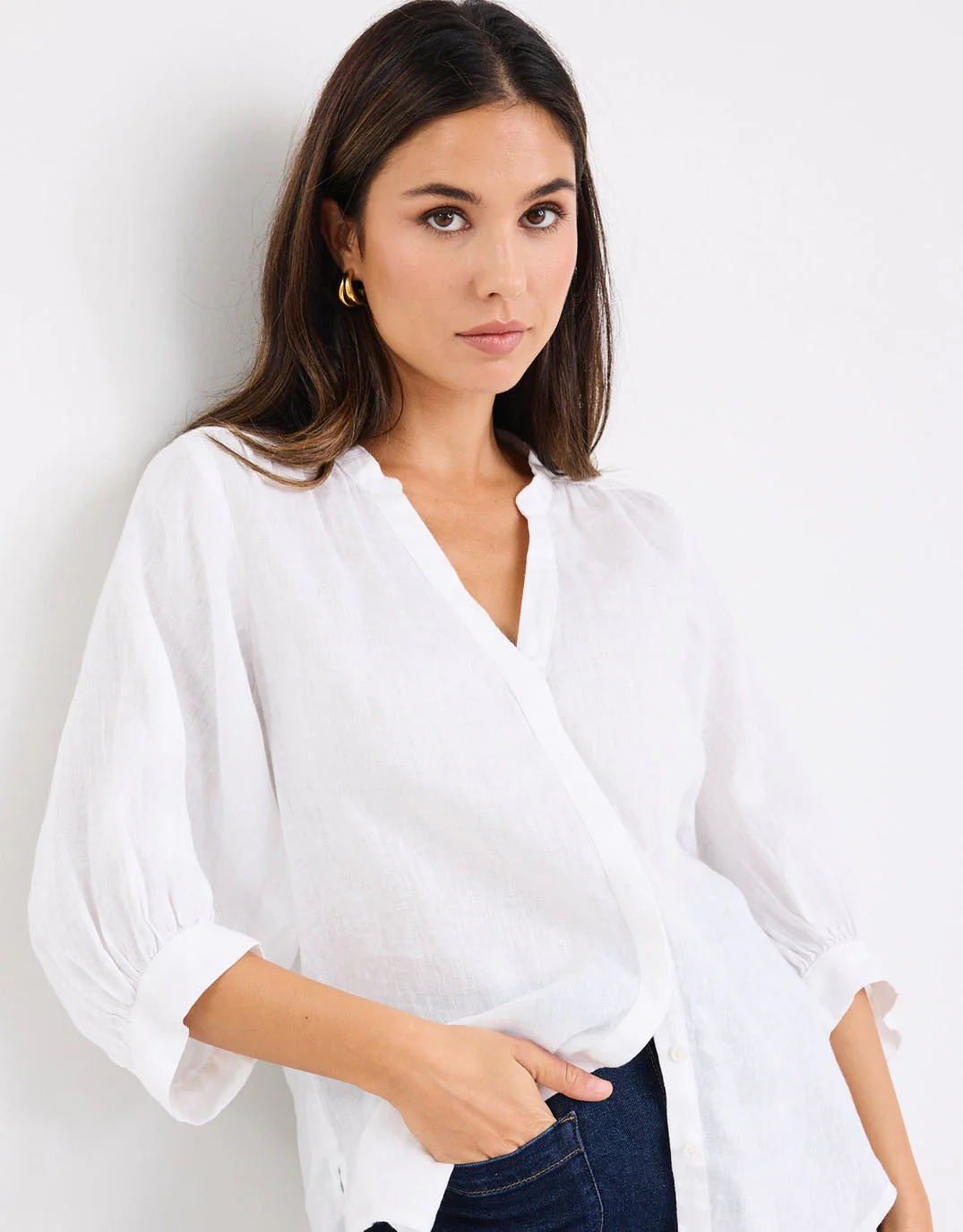 Deity Linen Button Through Puff Sleeve - White - Image 5