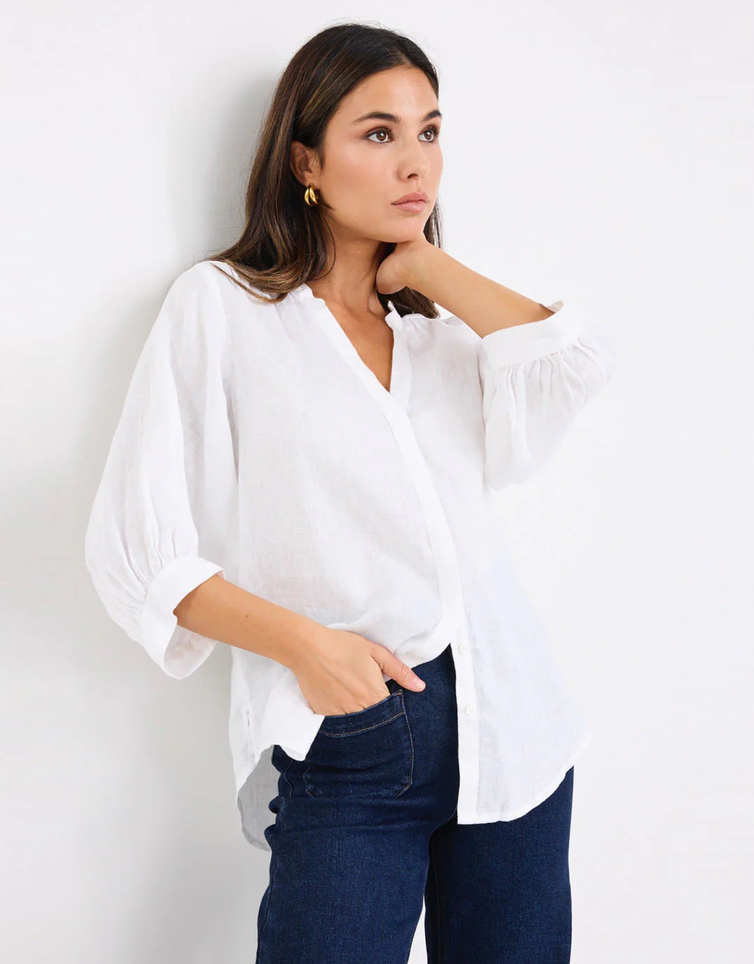 Deity Linen Button Through Puff Sleeve - White - Image 6