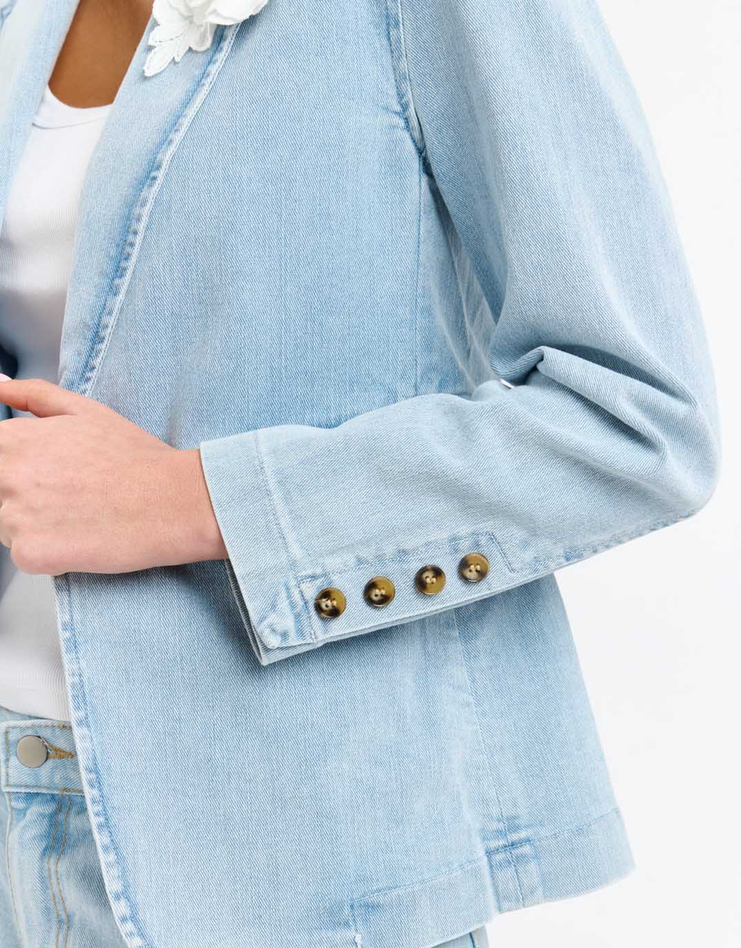 Denim Blazer with Brooch - Light Wash Denim - Image 4