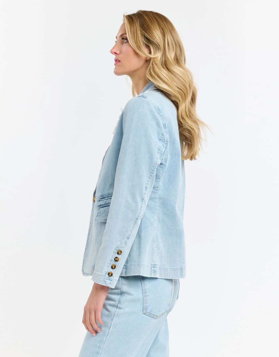 Denim Blazer with Brooch - Light Wash Denim - Image 6
