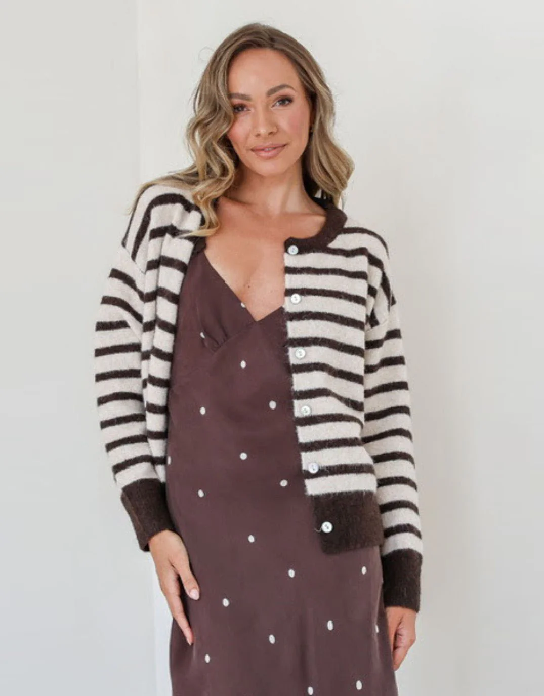 Eliza Stripe Cardi - Chocolate/Natural - Image 3