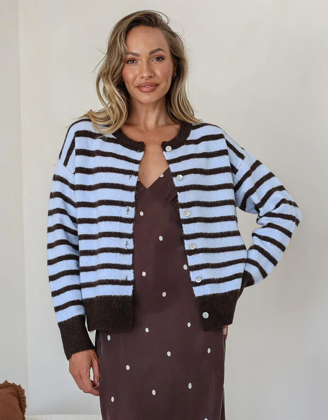 Eliza Stripe Cardi - Pale Blue/Chocolate