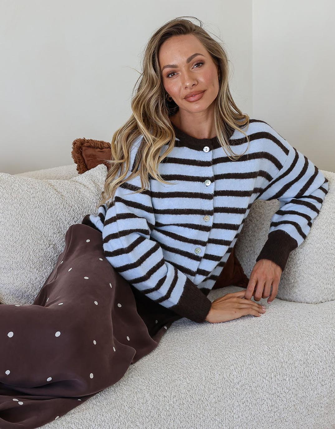 Eliza Stripe Cardi - Pale Blue/Chocolate - Image 2