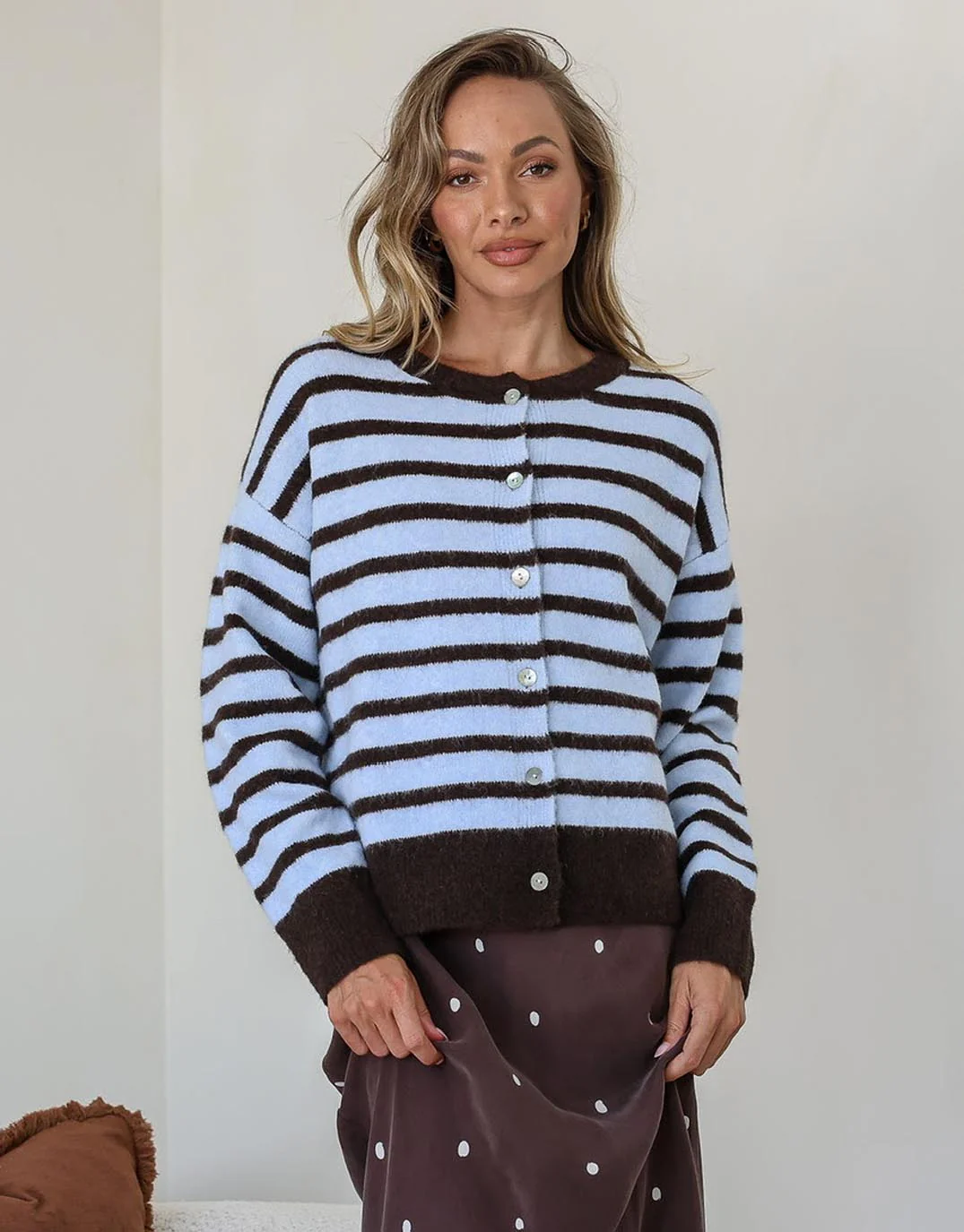 Eliza Stripe Cardi - Pale Blue/Chocolate - Image 3
