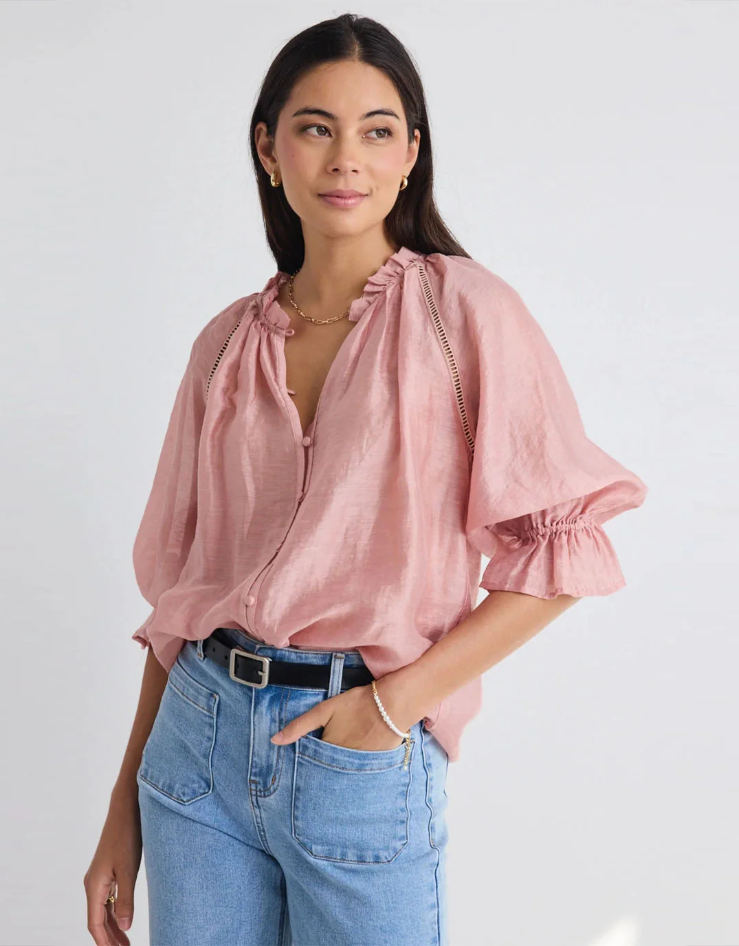 Encounter Gathered Button Front Top - Blush