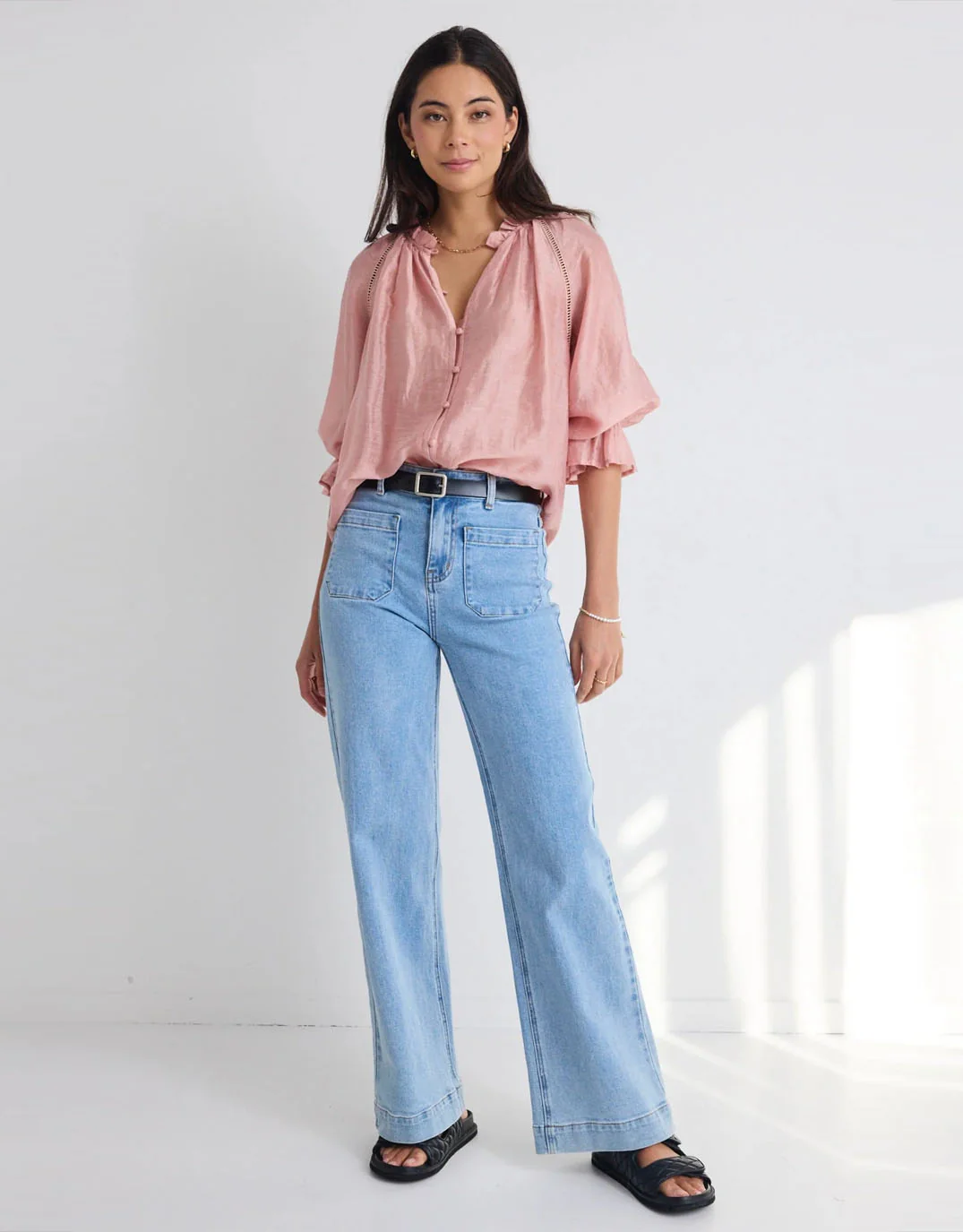 Encounter Gathered Button Front Top - Blush - Image 2