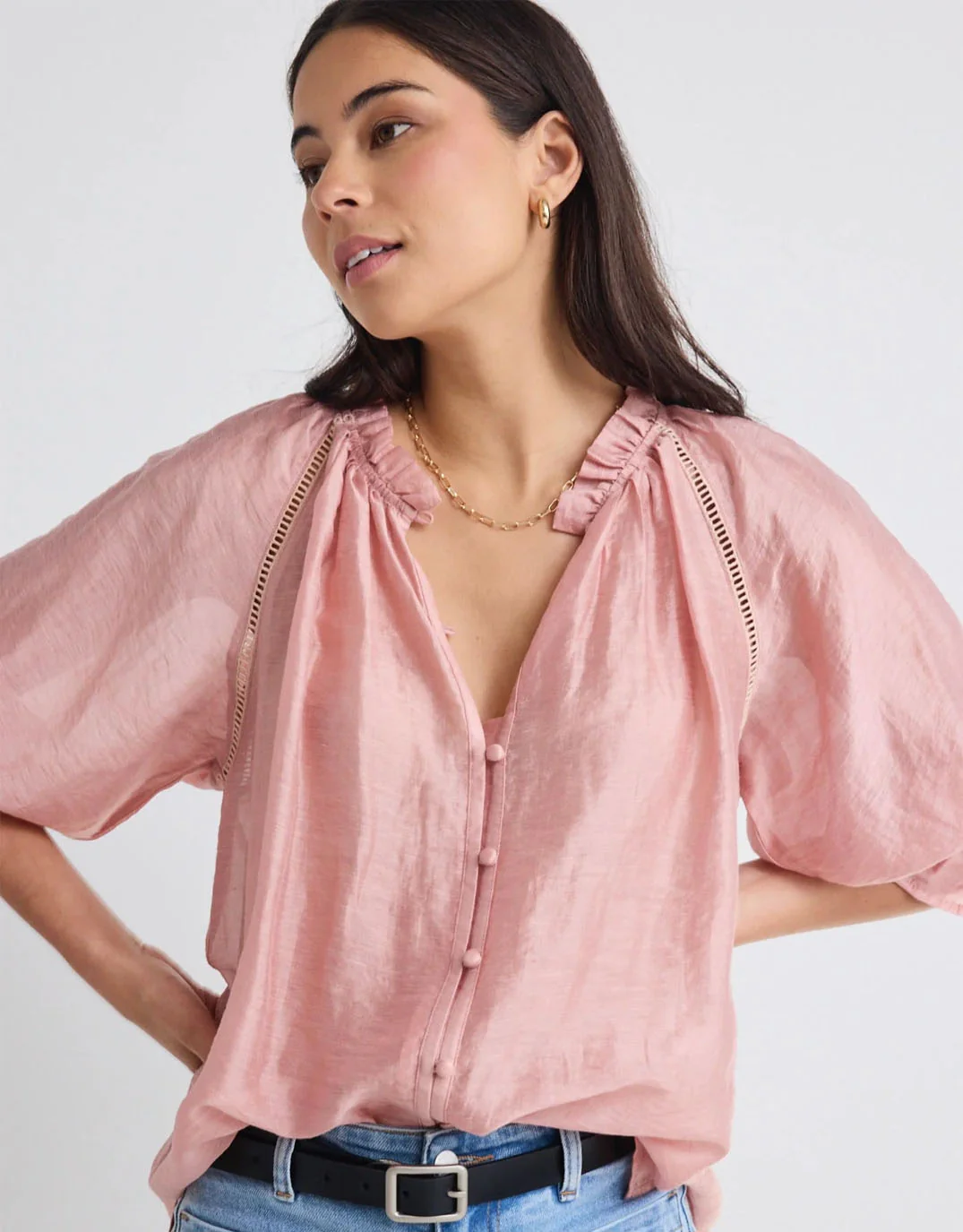 Encounter Gathered Button Front Top - Blush - Image 3