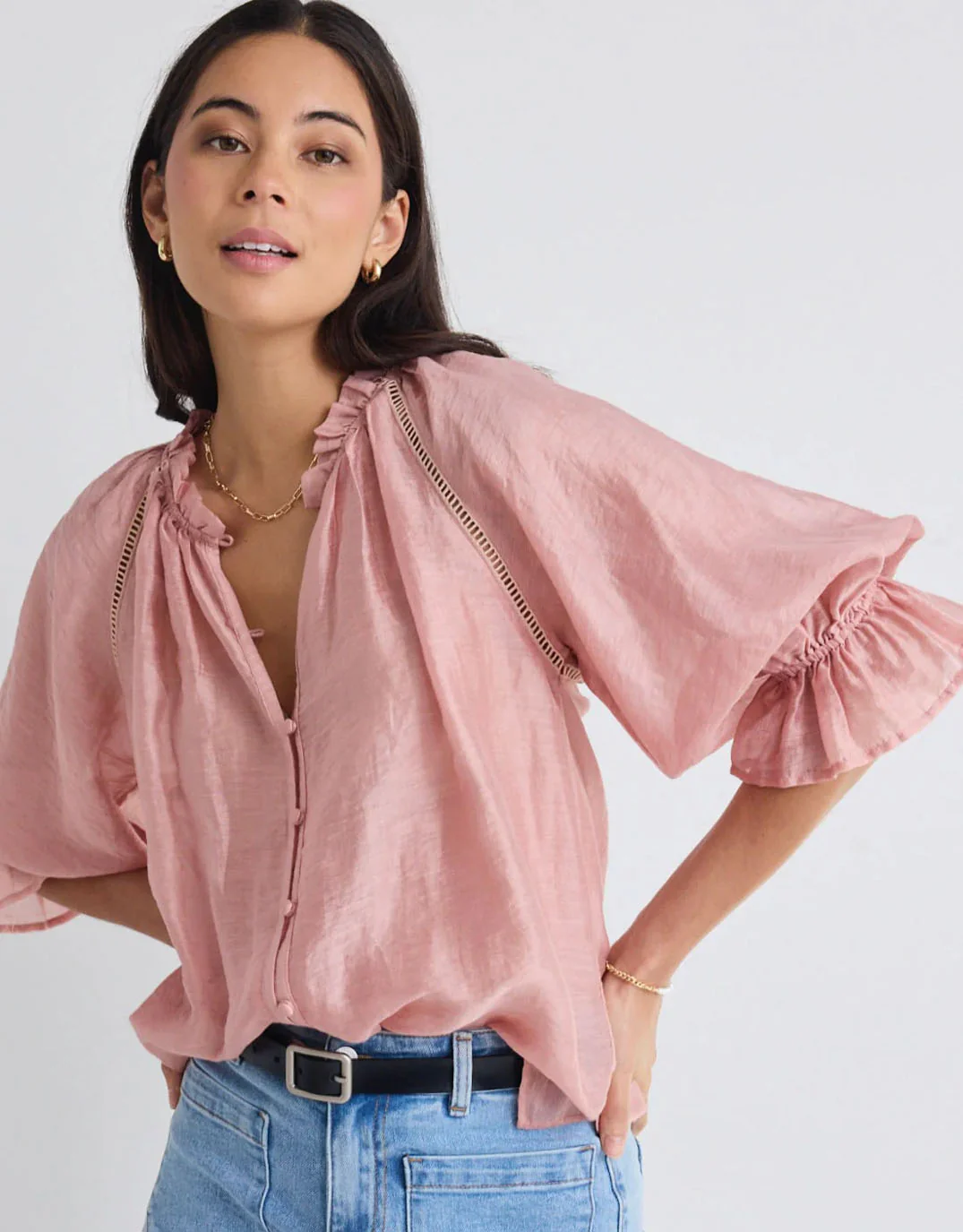 Encounter Gathered Button Front Top - Blush - Image 4