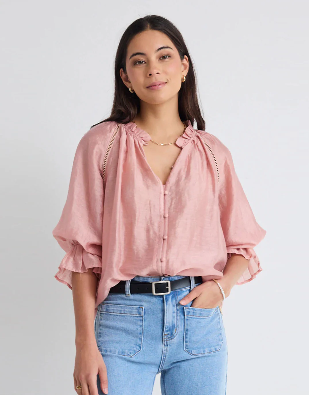 Encounter Gathered Button Front Top - Blush - Image 5