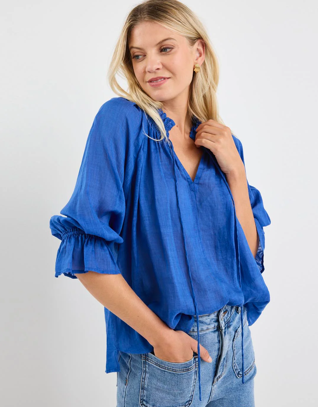 Expedition Shirred Neck Short Sleeve Top - Blue - Image 3