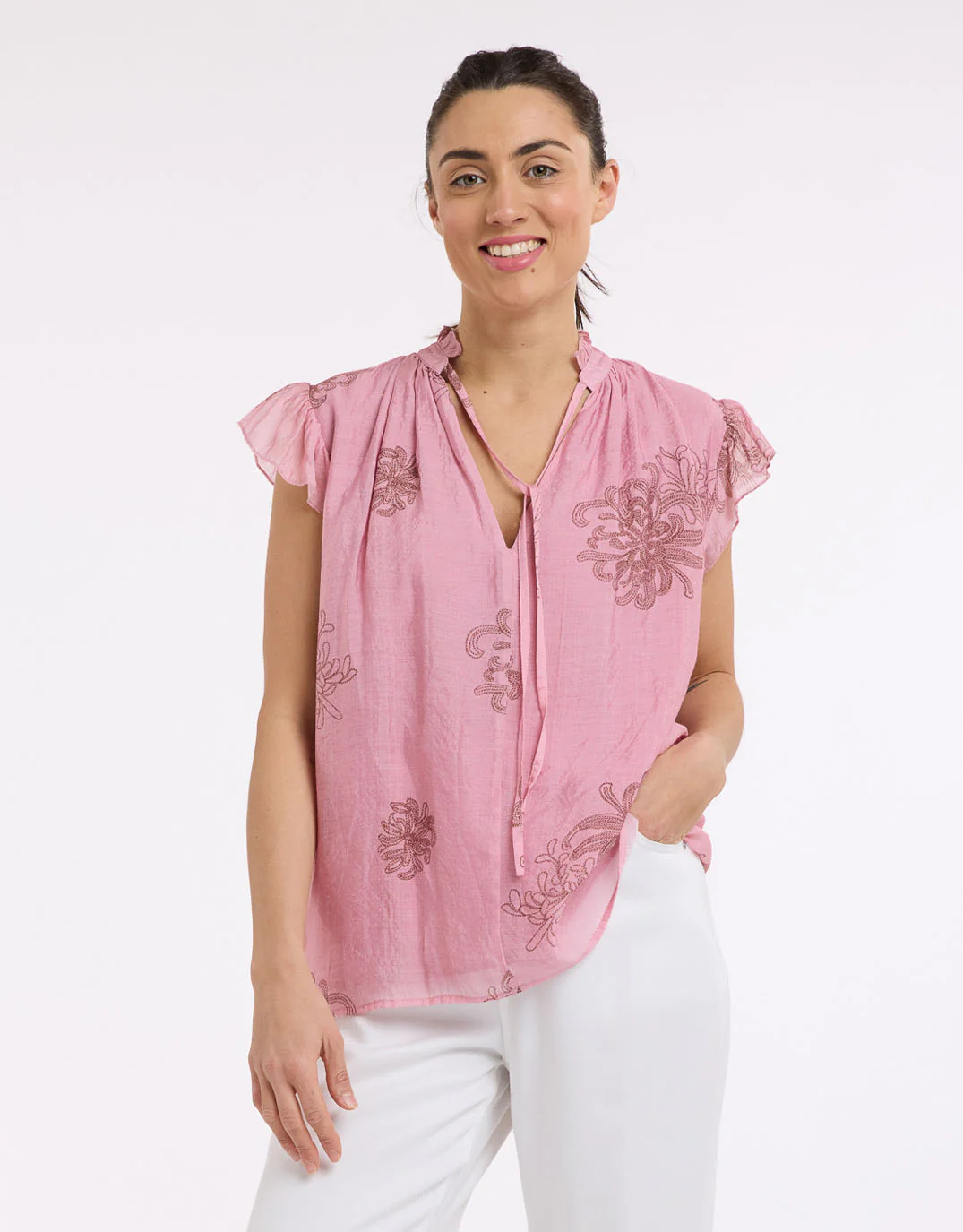 Frill Neck Top - Choc/Pink