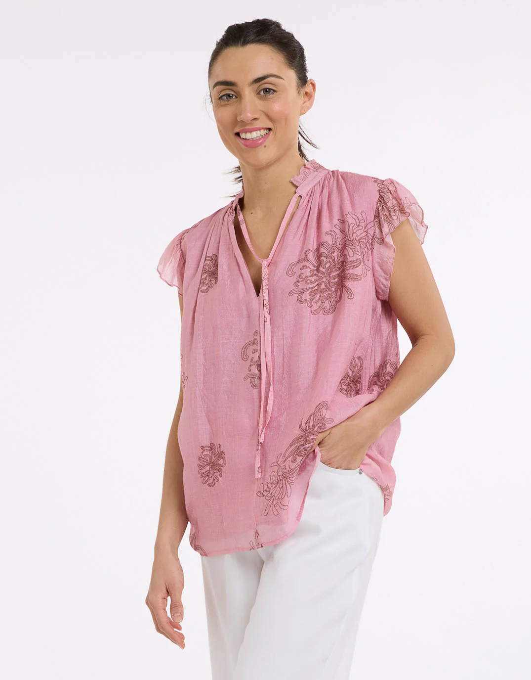 Frill Neck Top - Choc/Pink - Image 2